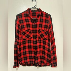 Women's - Guess Red/Black Plaid Flannel Shirt with Black Lace Accents - Small